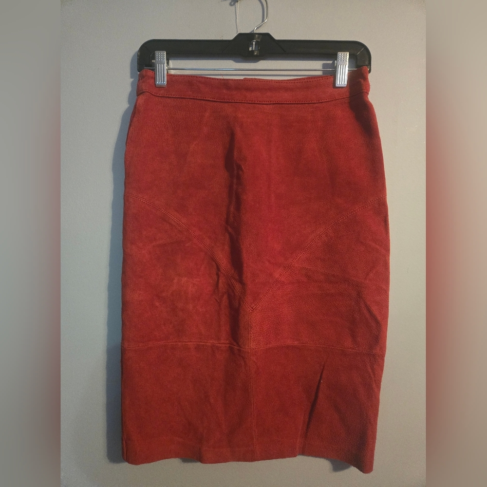 Elegant Vintage Red 100% Genuine Leather Suede Skirt